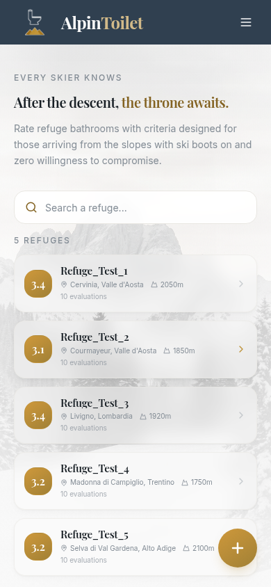 AlpinToilet app screen showing the list of mountain huts